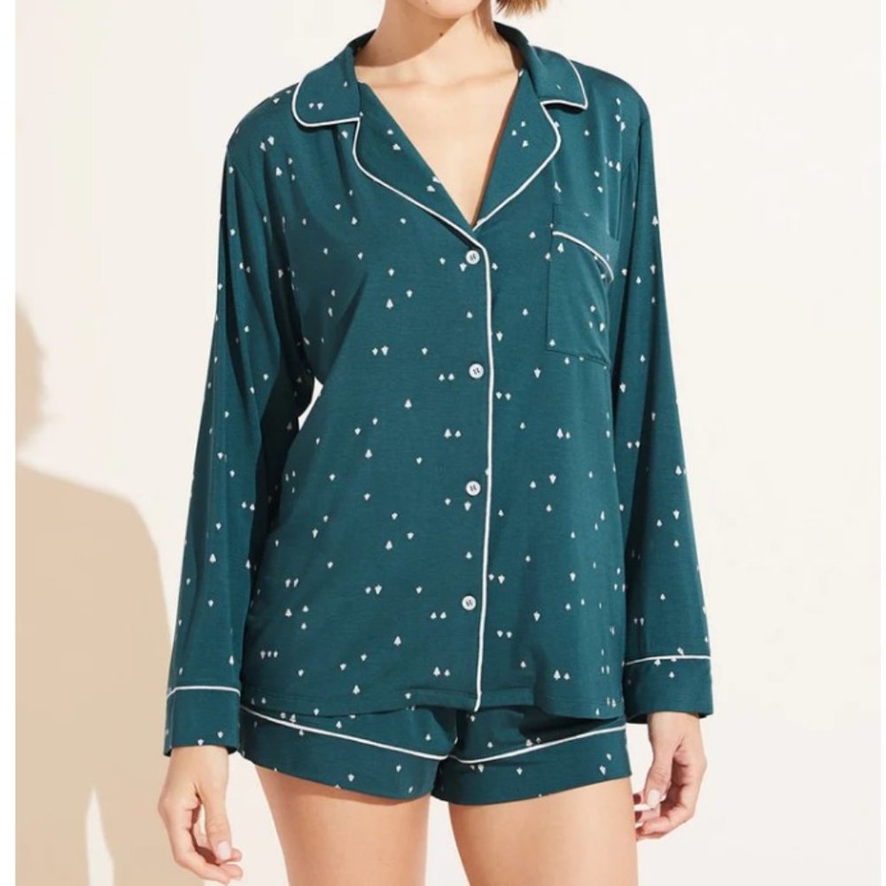 Eberjey Gisele Printed Long Sleeve Short PJ Set - Forest Evergreen/Bone
